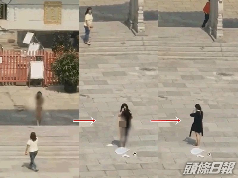 女子完全無視其他途人的目光脫剩內衣跪拜。網圖