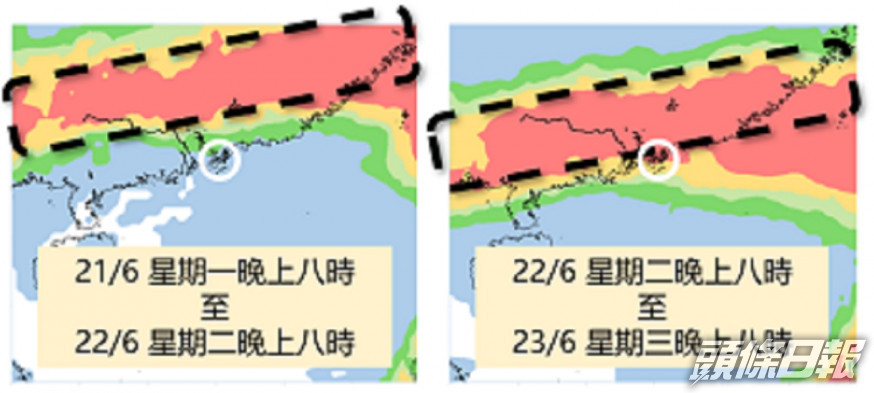 基於歐洲模式的集合預報而製作的顯著降雨概率分布圖。其中偏紅及橙色部分表示24小時累積雨量達到10毫米或以上的機會較高,而黑色虛線表示低壓槽會經過的範圍。白色圈表示香港的位置