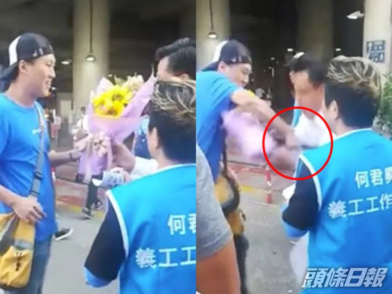 董栢輝(左)當日扮獻花刺傷何君堯。資料圖片