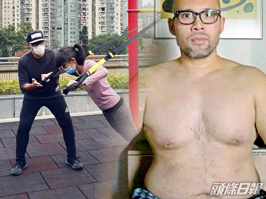 曾經有300磅(右圖)的健身教練Neville(左)近期仍在戶外教導學員教身。 受訪者提供