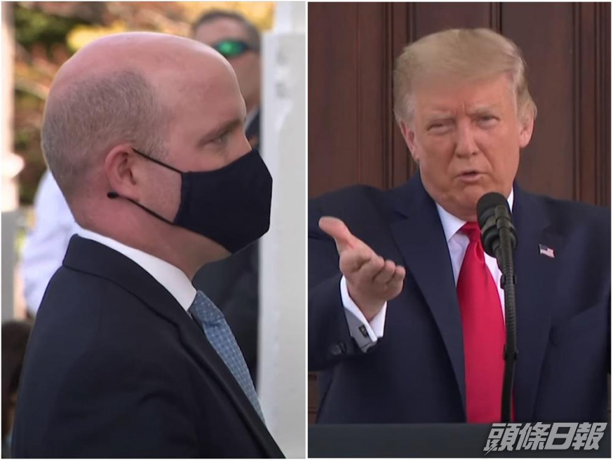 特朗普在白宮主持記者會時,要求一名路透社記者脫下口罩。影片截圖