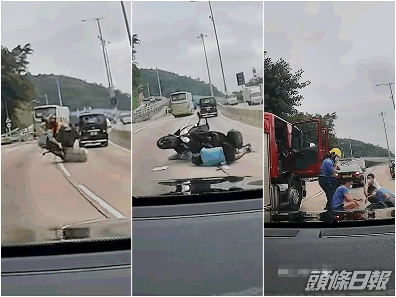 一輛電單車行駛時不慎撞到雜物,司機及乘客被拋起再跌落地,幸有途經消防員落車為傷者急救。影片截圖