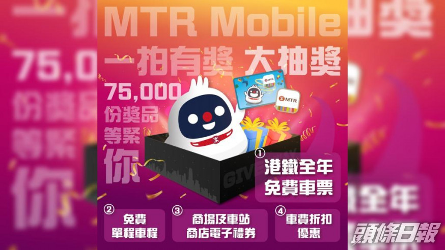 港鐵透過應用程式「MTR Mobile」推出「一拍有獎」抽獎活動。港鐵FB圖片
