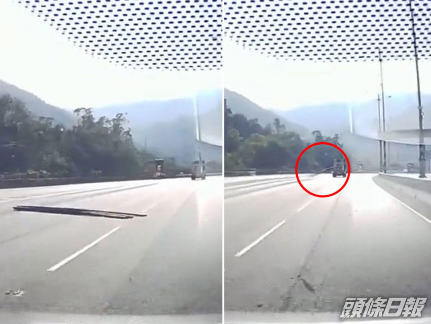 一紮巨型軟膠管從貨車的貨斗跌出。網上片段截圖