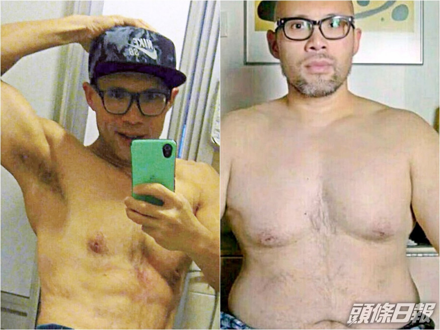 體重一度高達三百雩的Neville為愛成功減肥後,展示壯碩肌肉自拍留影。 受訪者提供