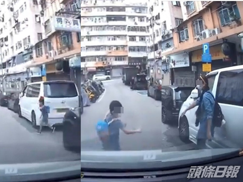 一名男童突然衝出馬路,險被駛至的車輛撞倒。影片截圖