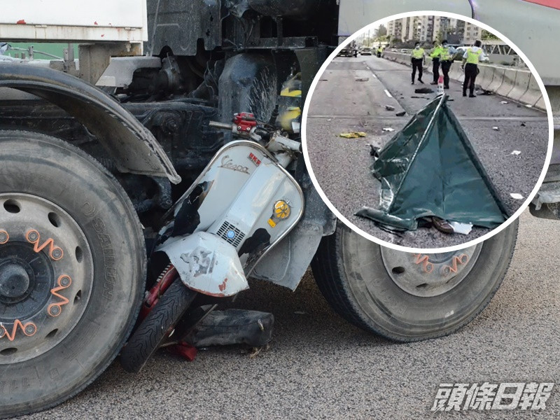 電單車被捲入田螺車兩個前輪之間,司機當場死亡。李子平攝