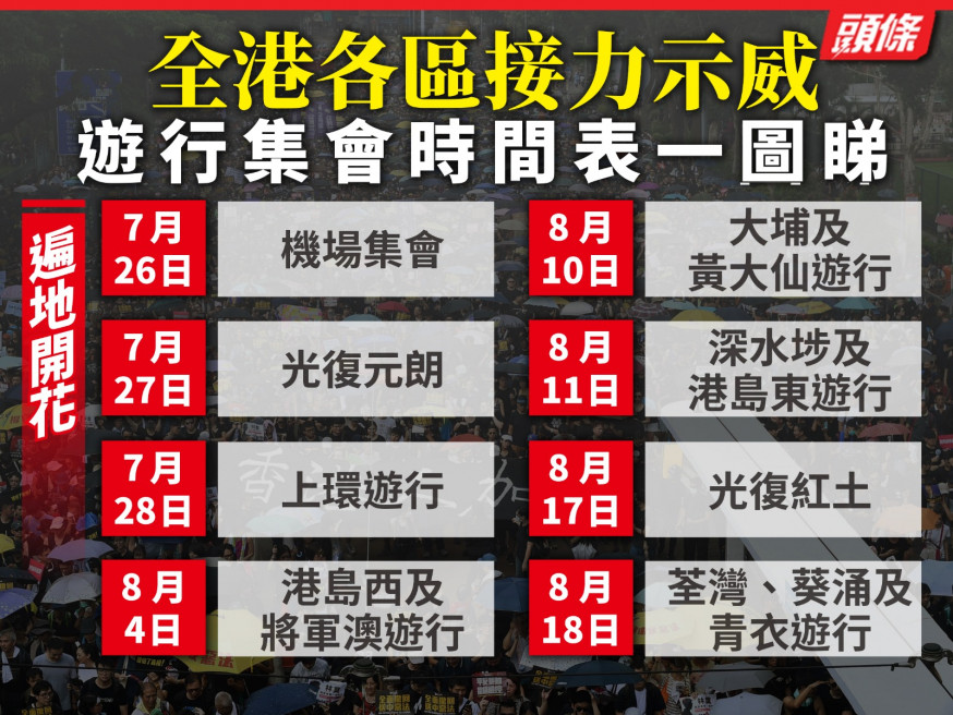 【逃犯條例】全港各區接力示威 遊行集會時間表一圖睇