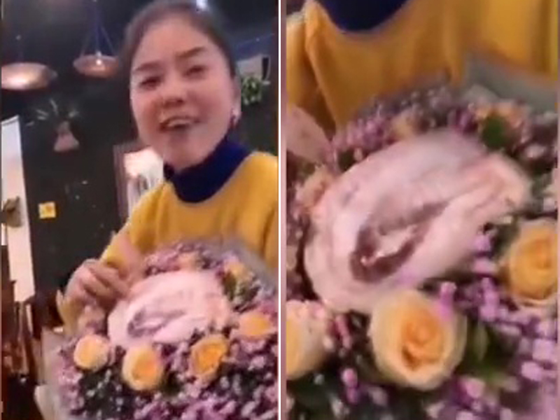 重慶女生日收到豬肉「富貴花」,讚朋友太用心。(網圖)