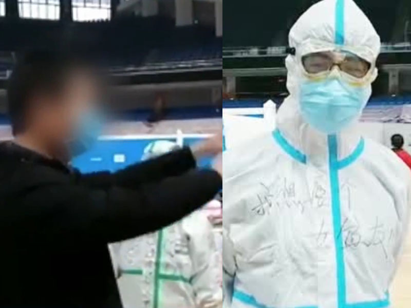 河北衡水醫療隊男護士牛奧炬在防護服上寫下:「我想要個女盆友!」方艙患者當紅娘:做武漢女婿。(網圖)