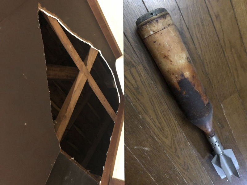 颱風吹襲期間,一個外型疑似未爆炮彈的物品,從天花板掉落,令一名日本男子相當驚恐。(網圖)