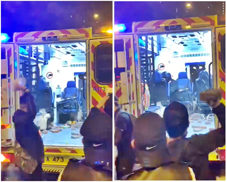黑衣人向警員投擲石頭、磚塊,及淋灑不明液體。網上片段截圖