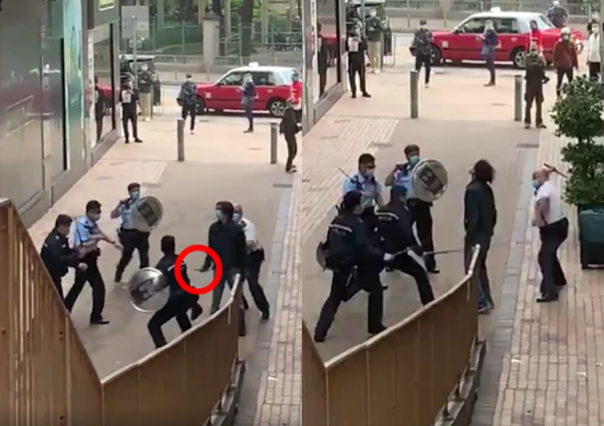 男子遭三警揮棍制服。影片截圖