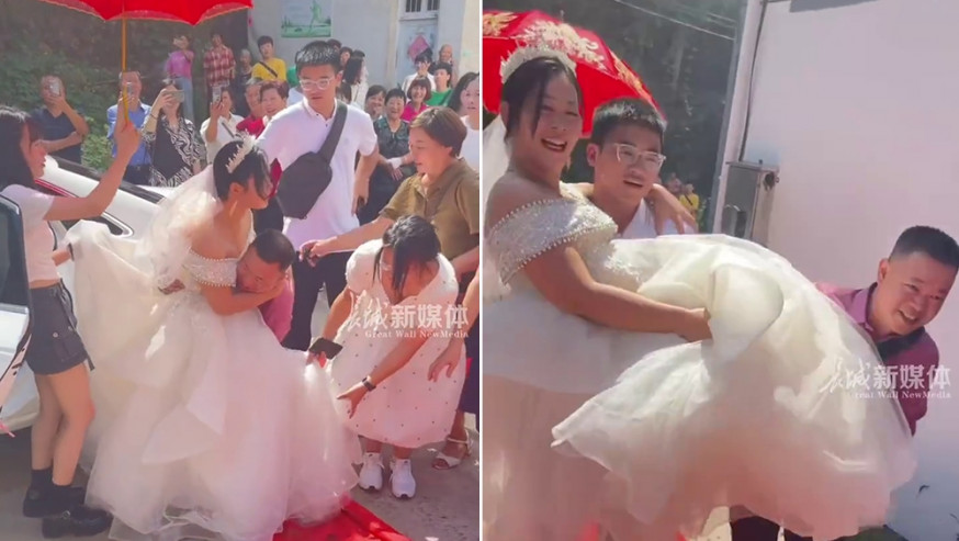 再婚新娘的14歲兒子抱自己出嫁成網絡熱話。
