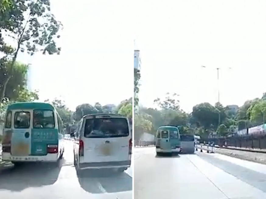 小巴與客貨車在通過路障時各不相讓,疑最終釀成擦撞。影片截圖