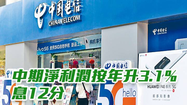 中國電信728|中期淨利潤按年升3.1% 息12分