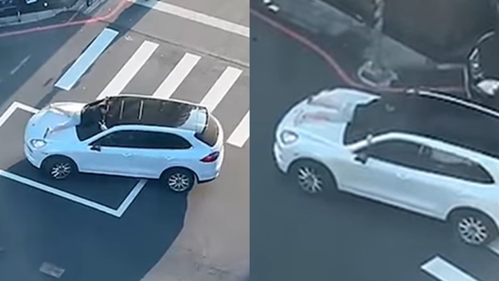 台灣一名男子欲坐順風車不成竟趴在車頭,後來被警方發告票追究。網上影片截圖。