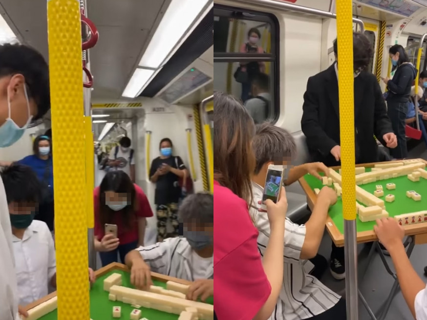 4名青少年於港鐵車廂「開枱」打麻雀,一名疑同行的女子則在旁邊拍攝戰況。FB圖片