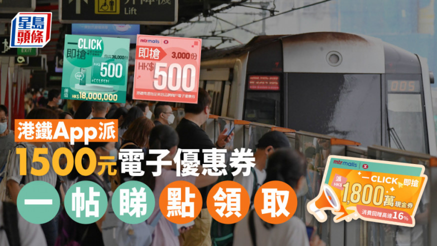 港鐵App派總值1800萬元電子優惠券。