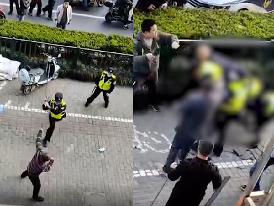 一名男子在上海浦東街頭揮舞剪刀傷人,終被警員和途力合力制服。(片段截圖)