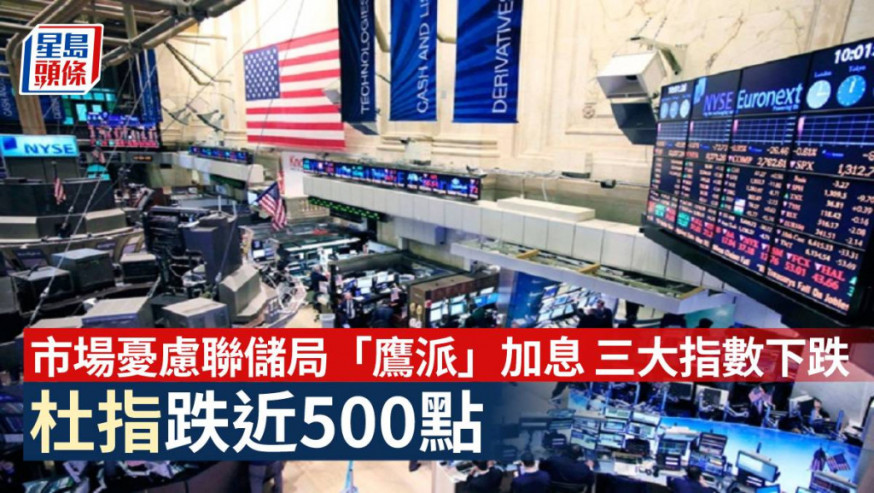 美股|市場憂慮聯儲局「鷹派」加息 三大指數下跌 杜指跌近500點