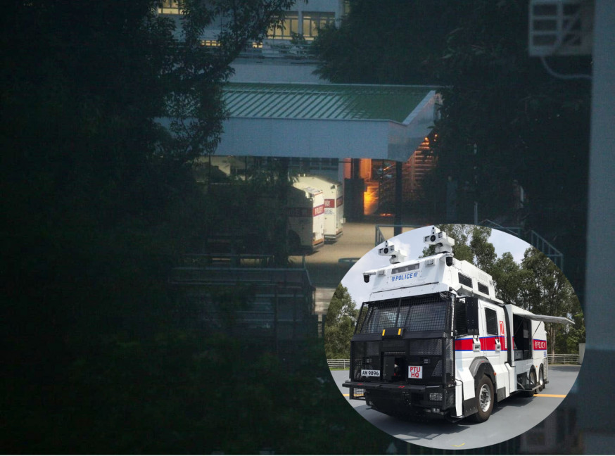 「水炮車」停泊在黃竹坑警察訓練學校內候命。