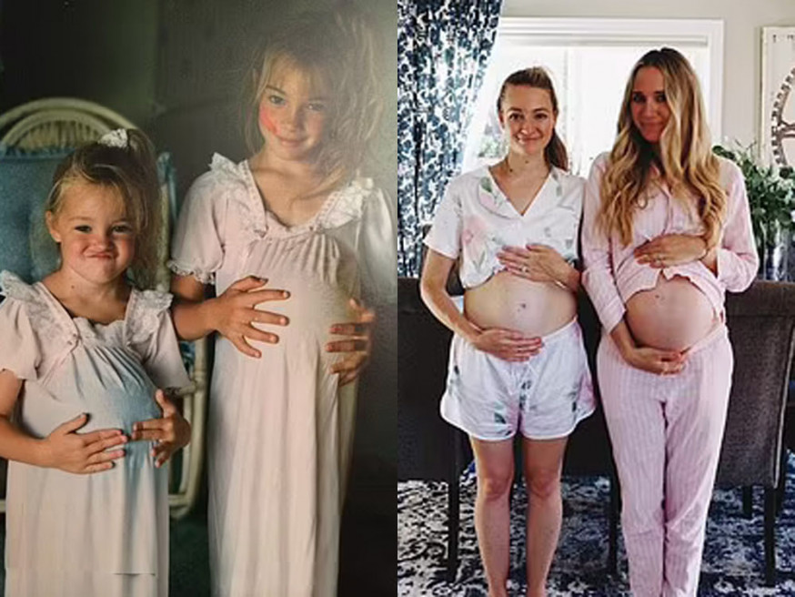 兩姊妹小時候扮大肚， 長大後同期懷孕重演兒時合影。