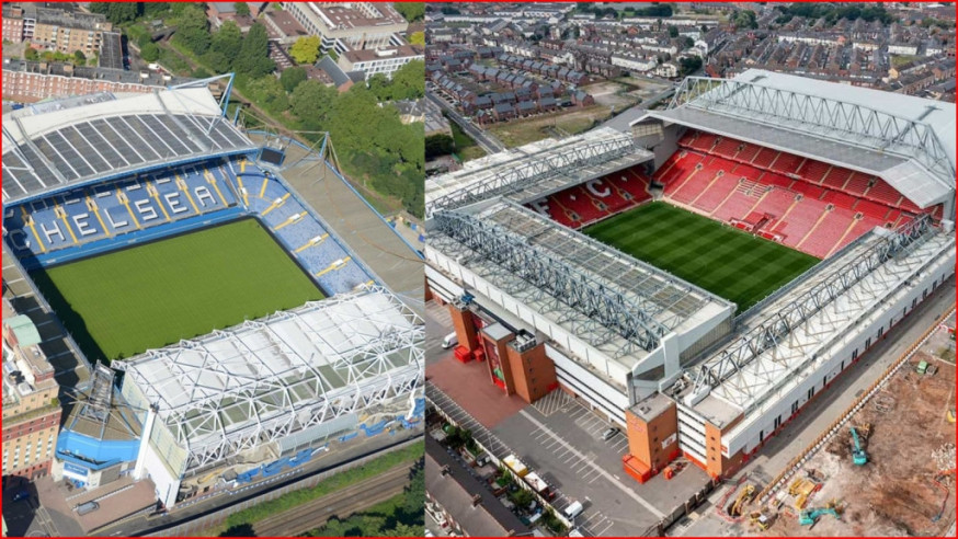 史丹福橋球場（左圖）及晏菲路球場（右圖）因為球場太小，未能附合舉辦歐洲國家盃的要求。網上圖片