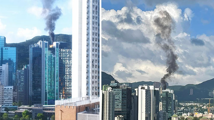 黃竹坑一幢工廈的天台發生火警,濃煙席捲半空遠處可見。網上圖片
