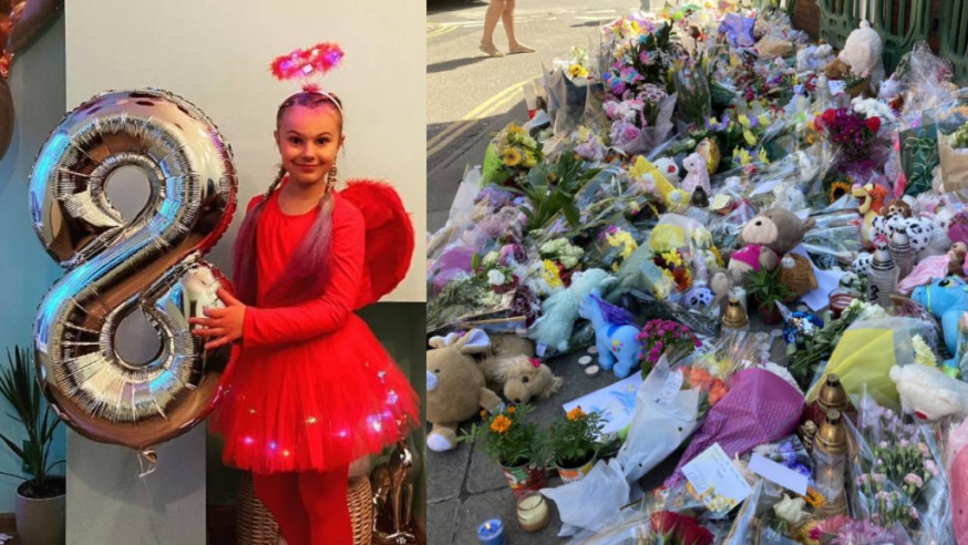 英國9歲女童Lilia Valutyte遇襲身亡,當地民眾紛紛獻花悼念。Twitter網圖