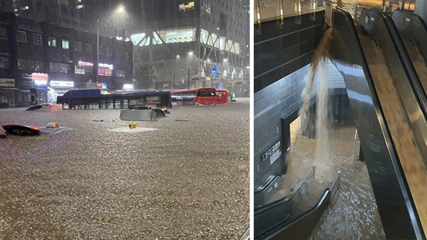 南韓暴雨成災，馬路洪水淹車、地鐵站變泥流大瀑布。網圖