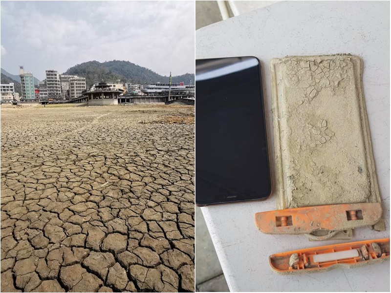 日月潭底整片土地龜裂,不過一名手機失主意外尋獲手機。網上圖片