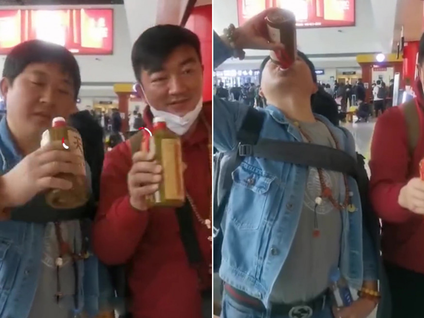 因開了封的白酒無法托運,兩男子在茅台機場豪飲起來。(網圖)