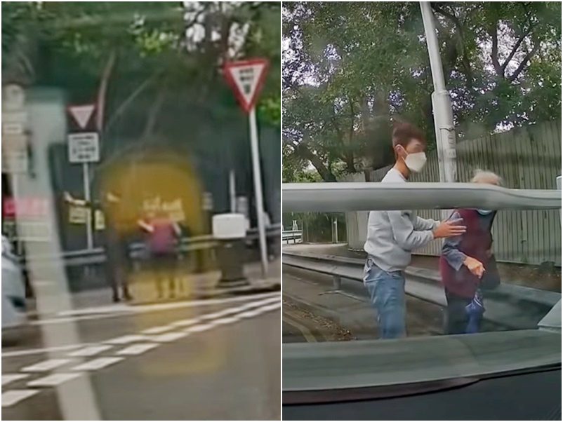 有私家車今早駛過大窩林錦公路交匯處時,發現一名婆婆竟在該處徒步橫過,兩名司機見狀即落車上前扶她走到路邊。影片截圖