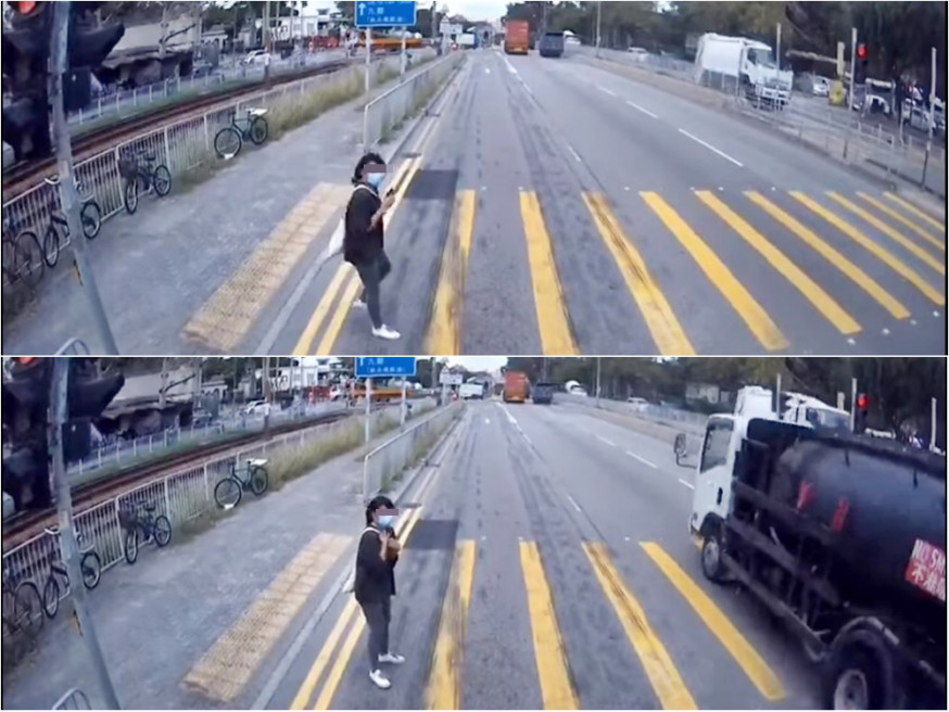 屯門一名女途人過馬路時突遇車衝燈,幸得司機響咹警告。影片截圖(FB專頁張錦雄影片)