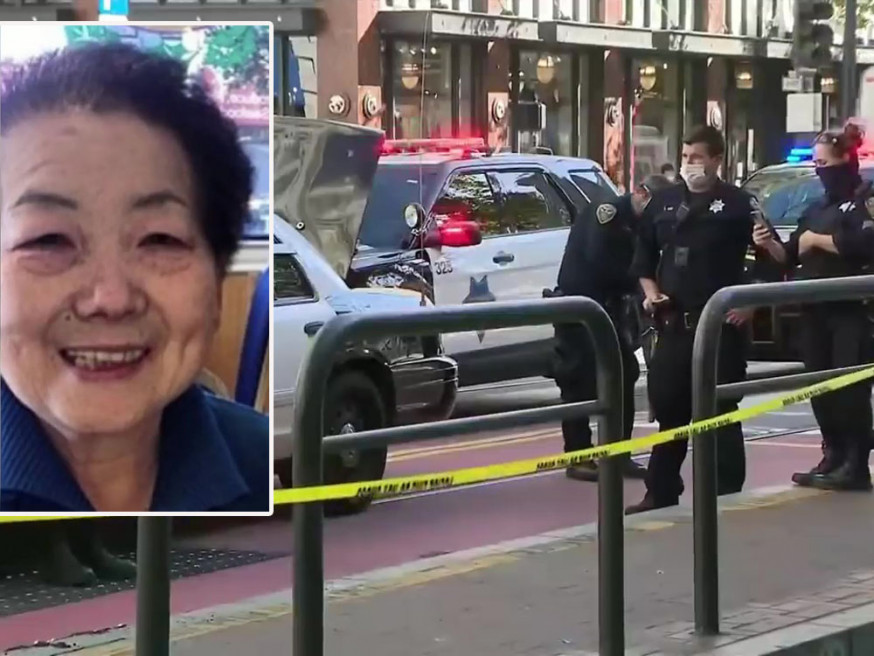 美國三藩市兩名分別65歲及85歲亞裔婦女等巴士時遭刀桶。圖為其中一名受害者(小圖)。(CBS截圖)