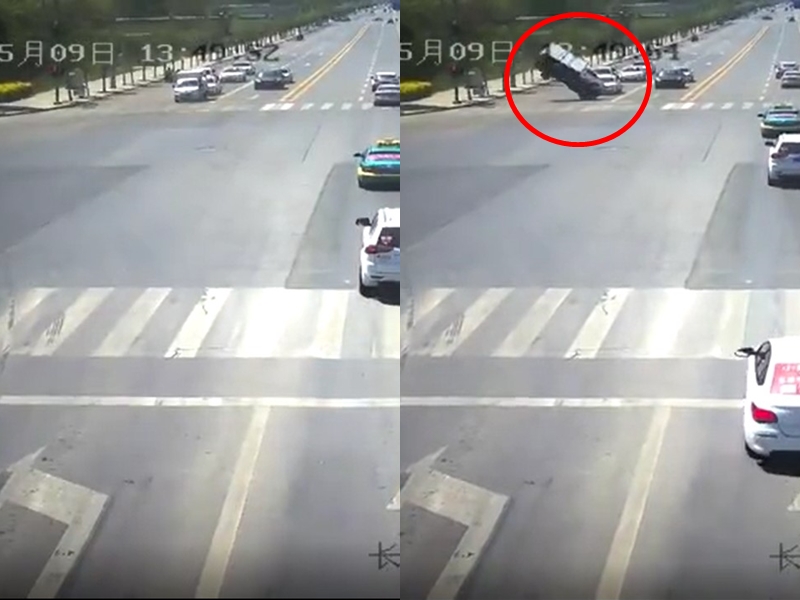 貨車突然被一股「怪風」捲起,騰空旋轉360度。 影片截圖