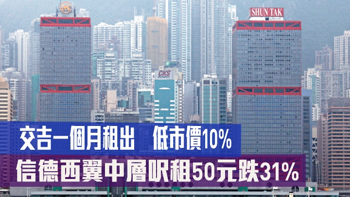 上環信德中心西翼中層單位以每呎約50元租出,較舊租急挫逾3成。
