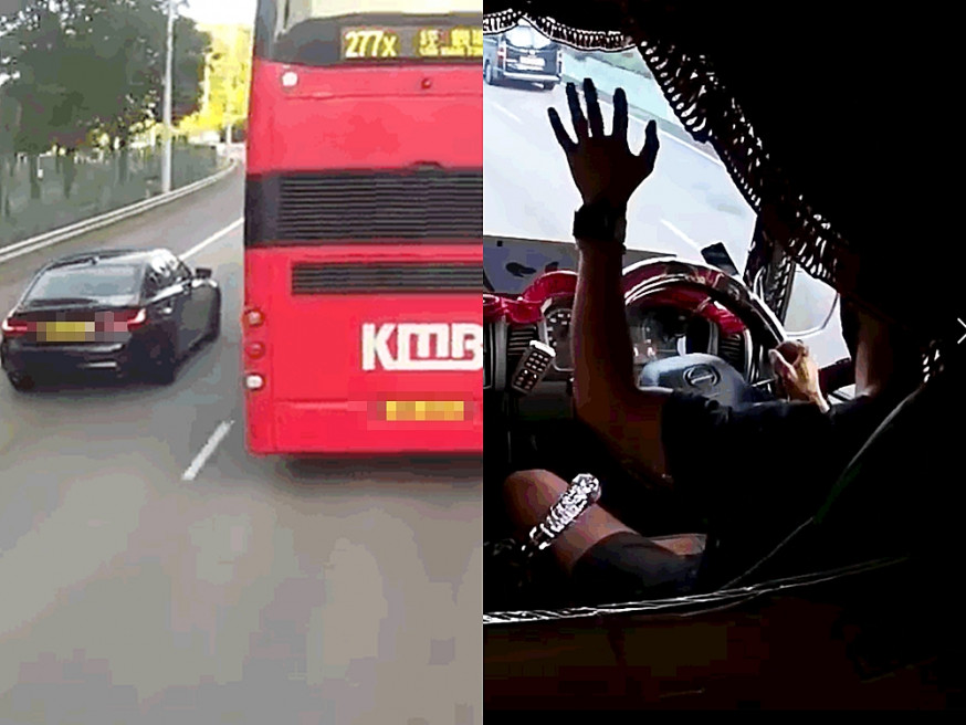 一輛巴士被寶馬阻切線,貨車司機目睹後出手相助。影片截圖