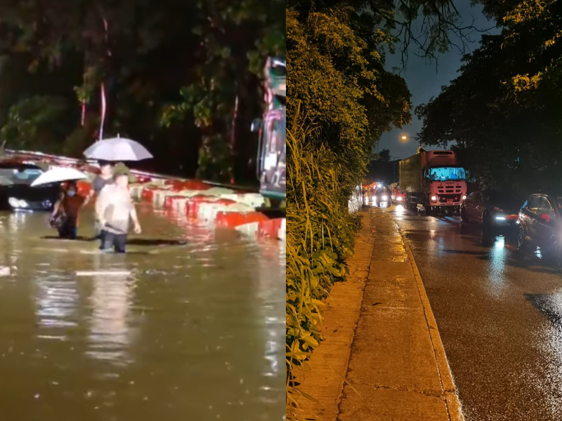 上水文錦渡路其中一段淪為澤國,交通相當擠塞。FB群組「上水人大聯盟」網民Bosco Chu及Tong Zhi Hao圖片
