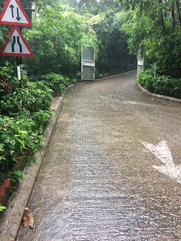 天文台總部前的斜坡每逢大雨都會變成「水滑梯」。身為黑雨期間也要上班的預報員,替換鞋襪不可或缺。天文台