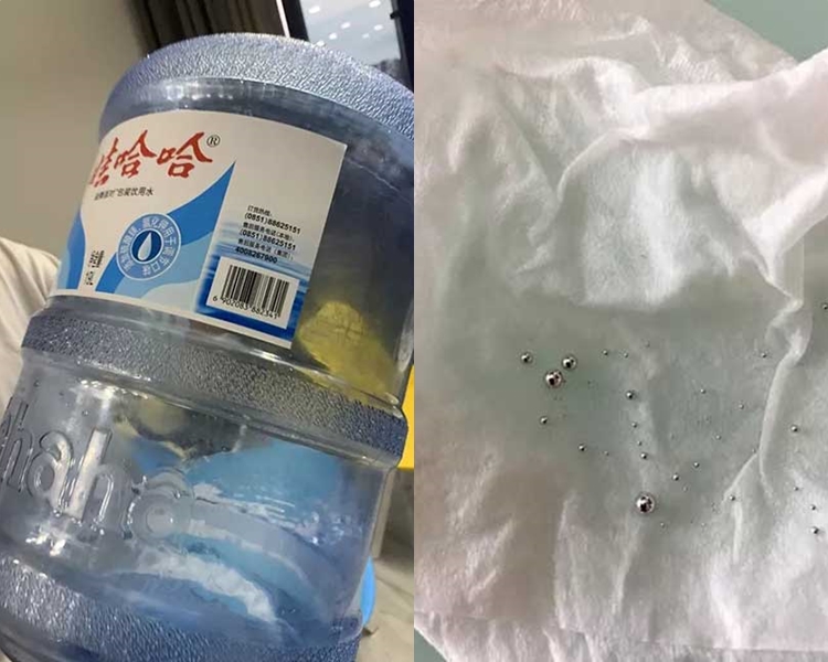 該名父親指,在家中準備為孩子沖泡奶粉時,發現水內有多粒小水珠。微博圖