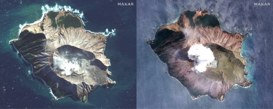 懷特島今年5月外貌(左)與火山爆發後情況(右)。AP圖片
