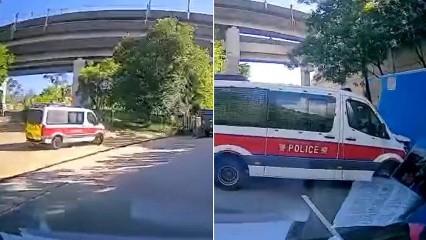 衝鋒車調頭期間失控,撞向停泊路邊的貨車。網圖