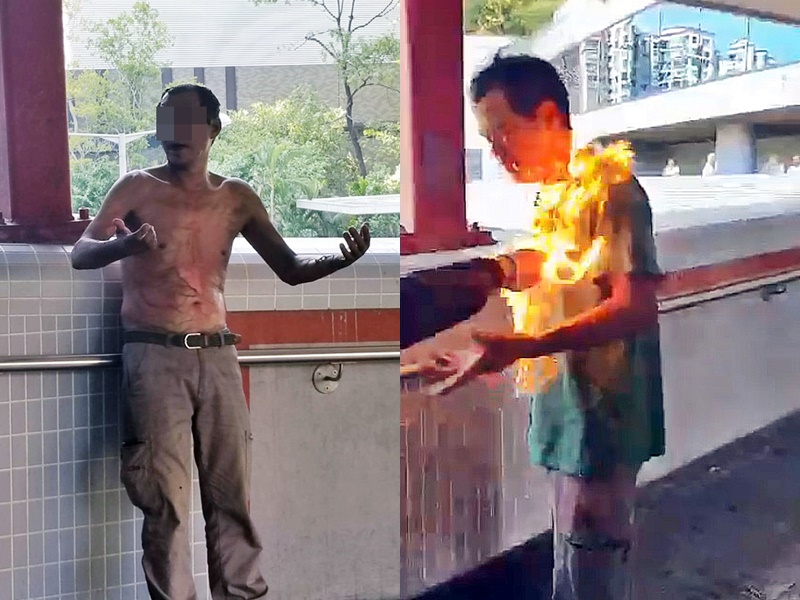 一名57歲姓李男子上周一在海柏花園對開天橋上,因與人爭執被淋易燃液體,頓成火人。