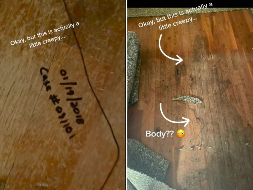 美國一名女網民分享網修驚人發現,地毯下藏人形輪廓。(網圖)