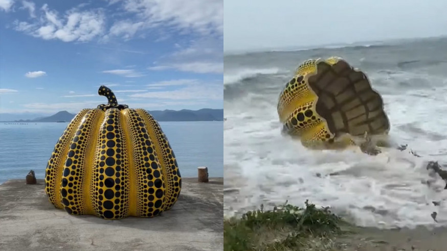 草間彌生的大型裝置藝術「南瓜」復活加固，防止再被颱風捲入海。網上圖片