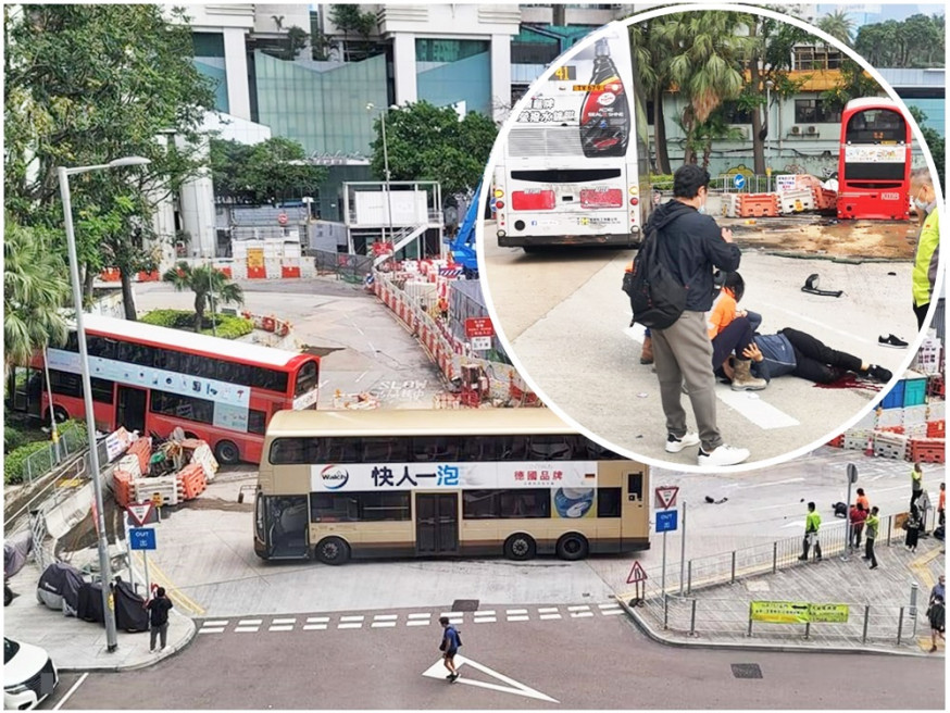 巴士撞倒途人後,再衝向一處工地撞開水馬後剷上行人路,車頭擱於花槽上。小圖為傷者。網圖
